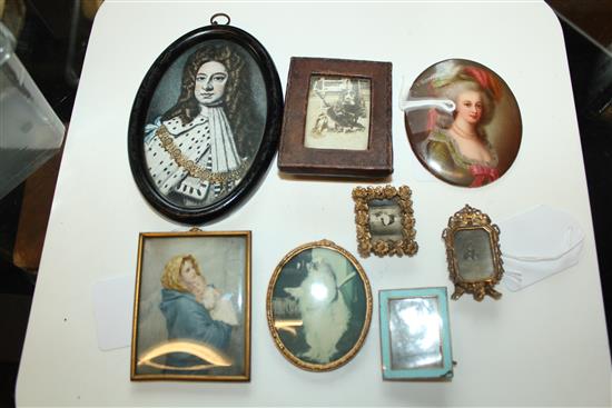 Cont oval porcelain portrait plaque, portrait miniature, young woman & baby, 4 small gilt frames & 2 other items